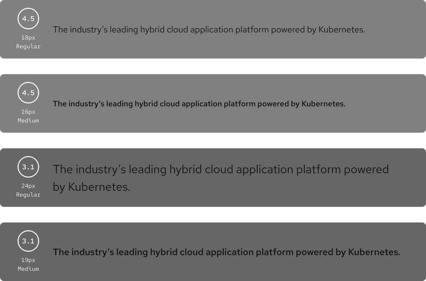 Contrast ratios for dark gray sections with black text that uses different weights and fonts