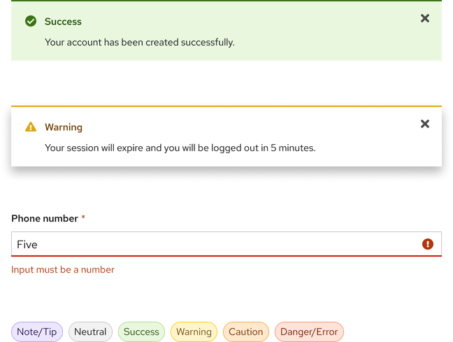 Alerts, a form field, and tags that use status colors