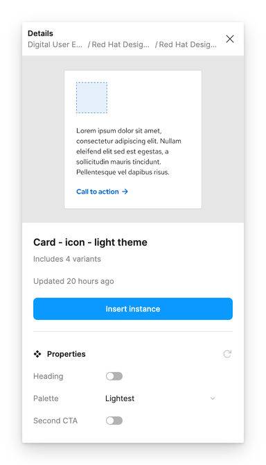 Figma's asset preview dialog box for a card component with an 'Insert instance' button