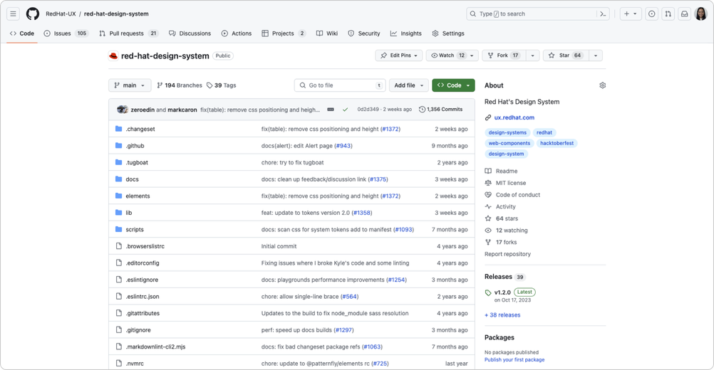 Screenshot of the red-hat-design-system GitHub repo's Code tab