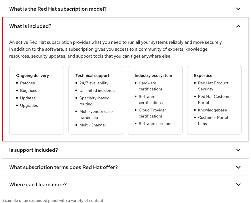 Accordion showing different elements you may include in the expanded panel like headings, body text, links, cards, and more