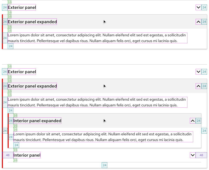 Accordion spacing within panels and in between elements like titles, body text, rules, and icons