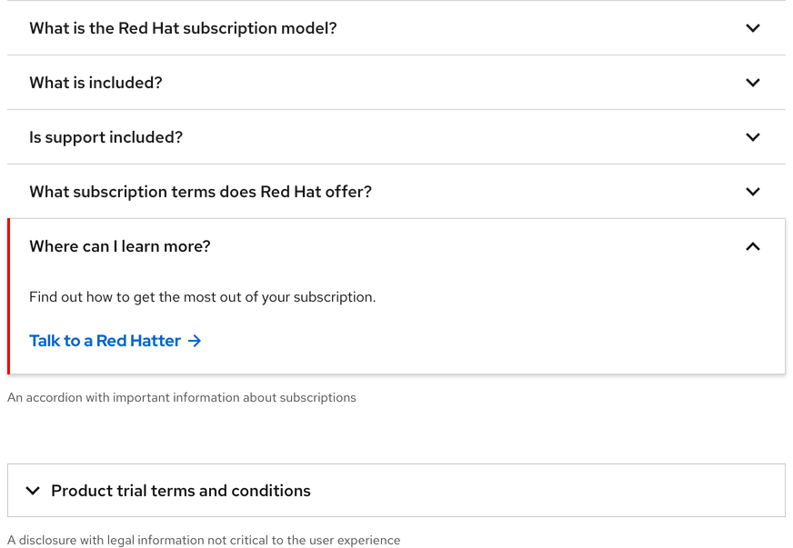 Comparison of how to use accordion vs. disclosure elements showing an accordion on top and a disclosure on the bottom