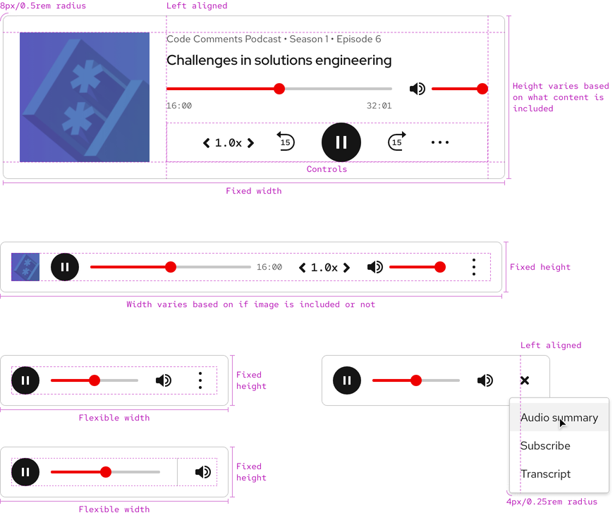 Image of all audio players showing various specs like alignment, border radius, height, width, and more