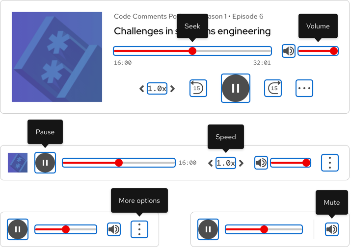 Image of light theme audio player focus states