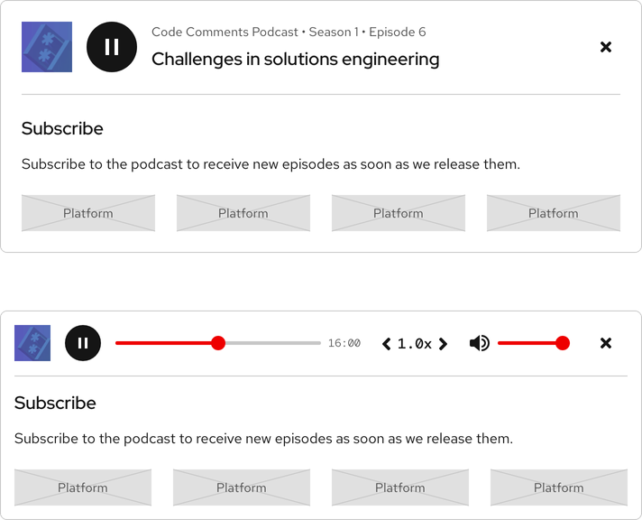 Image of the Full and Compact audio players showing the Subscribe feature in the content panel