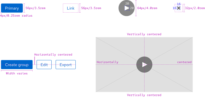  Image of buttons and various specs like border radius, height, icon size, width, alignment, placement, and more