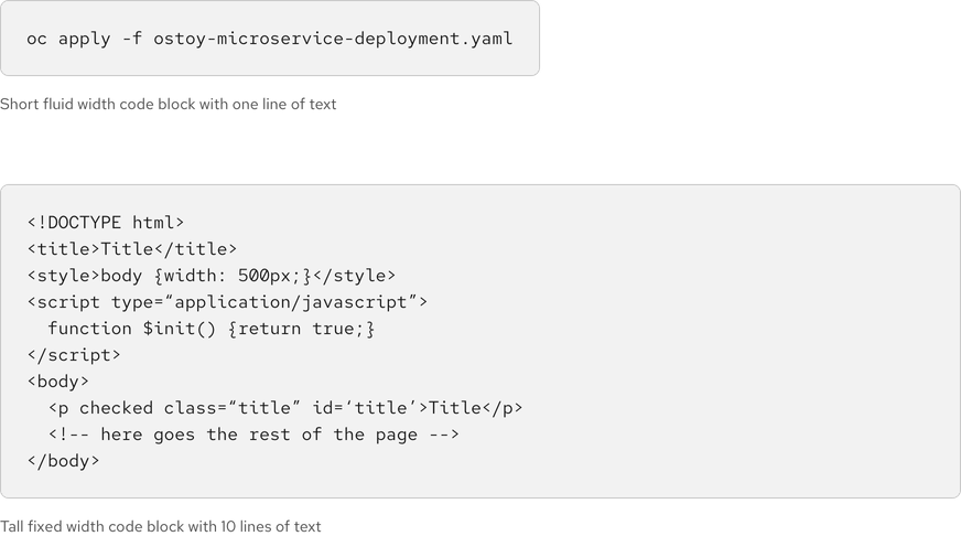 Image of two code blocks; one code block is fluid width showing only one line and the other code block is fixed width showing 10 lines