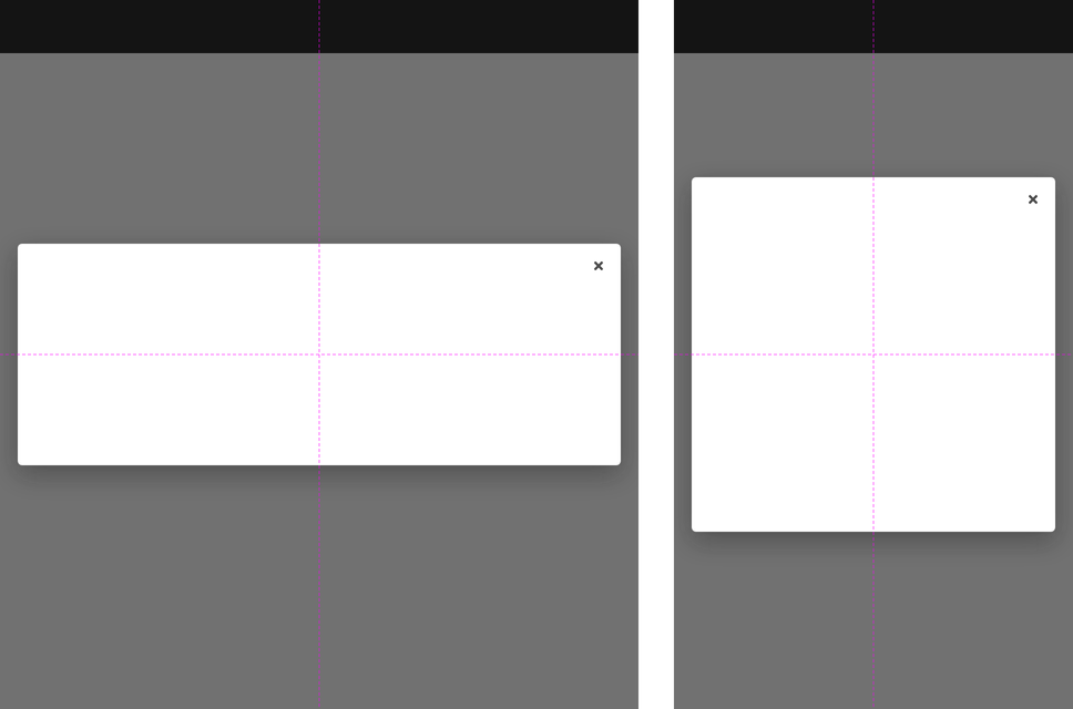 Two dialog containers on small breakpoints, one tablet size and one mobile size