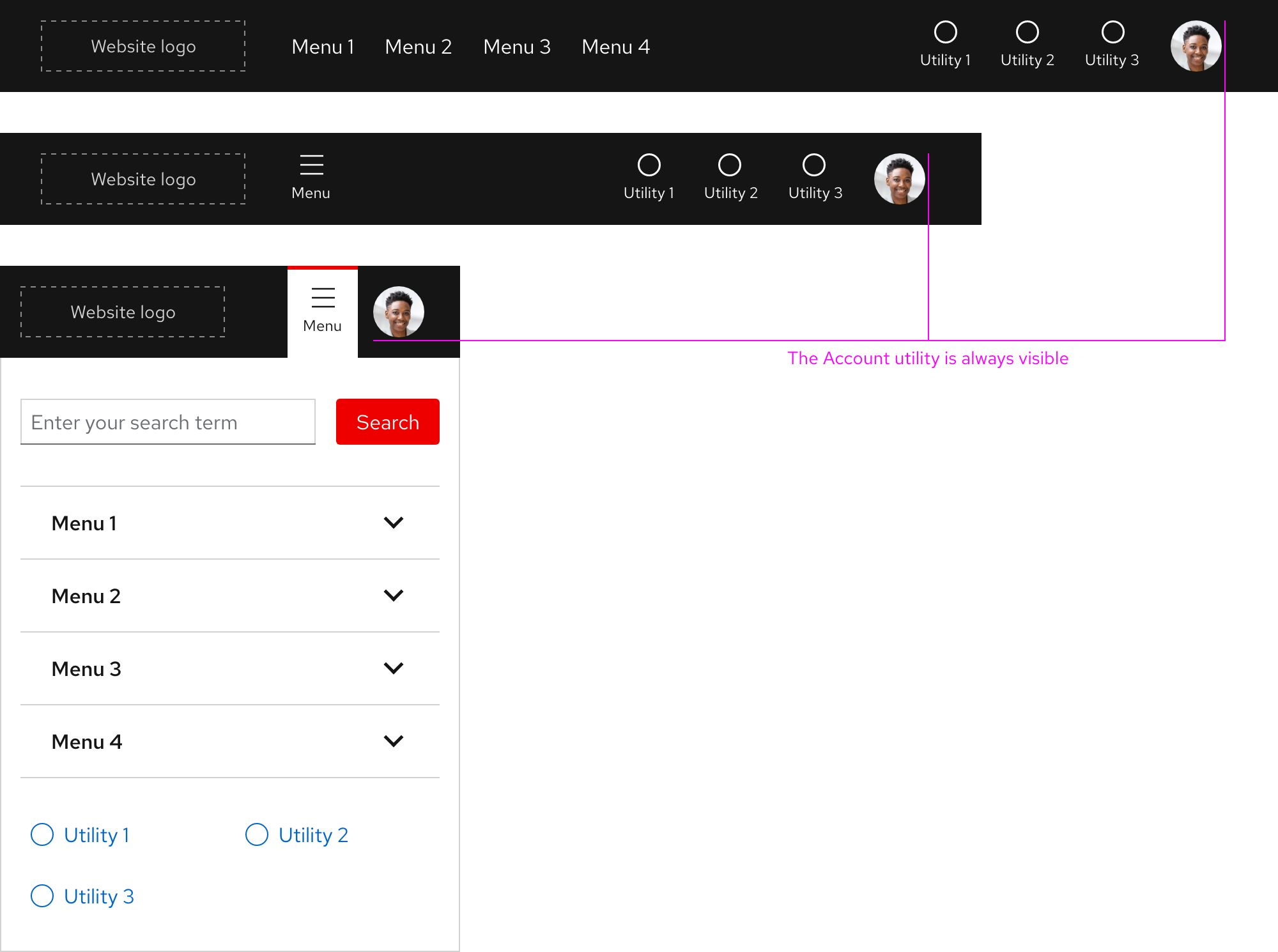 Primary navigation - menus and utilities on small breakpoints