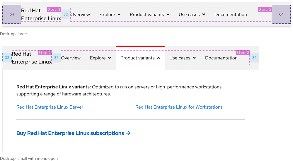 Image of secondary navigations; one has a menu collapsed and the other has a menu expanded, but both have slot 2 visible on large breakpoints