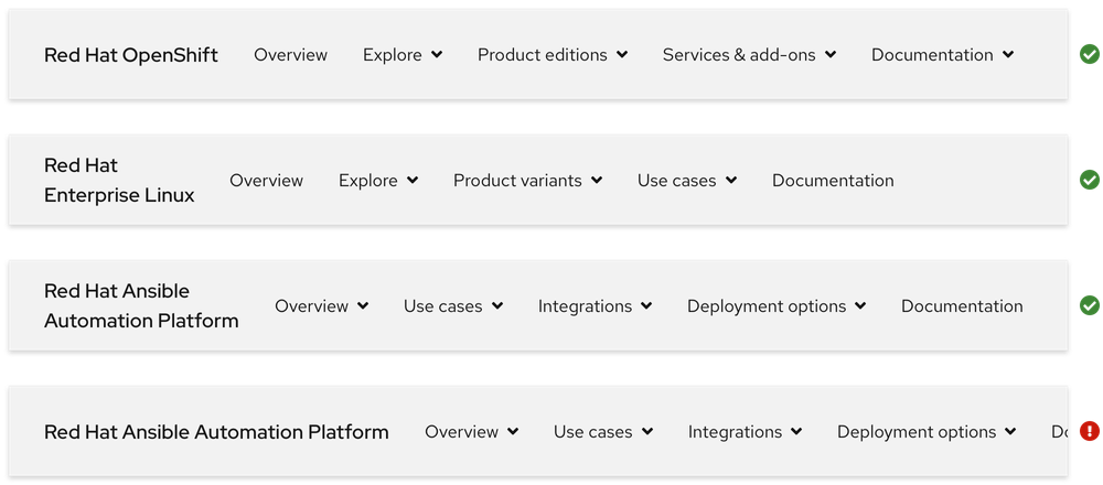 Image of four secondary navigations showing how stacked product name text offers more space