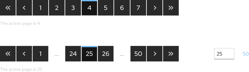 Image of two dark theme paginations; one is showing an active page of 4 and the other one is showing an active page of 25