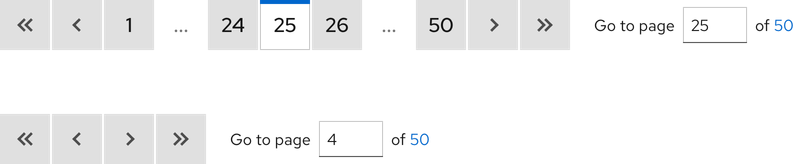 Image of two paginations; one is full size showing double truncation and a page input field and the other one is compact size showing only a page field input.