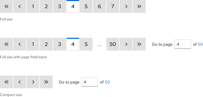 Image of three paginations; full size, full size with page input field, and compact size