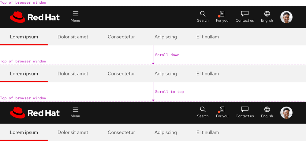 Image of a subnavigation and how it behaves when scrolling under the primary navigation