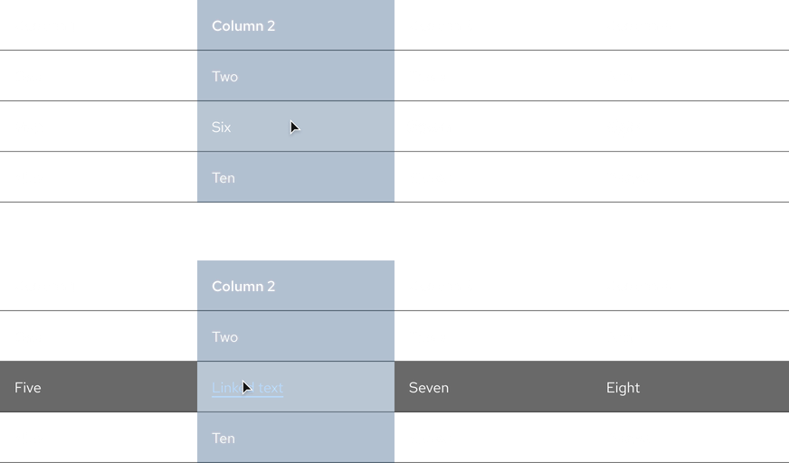 Dark theme tables with hover effects on a black surface