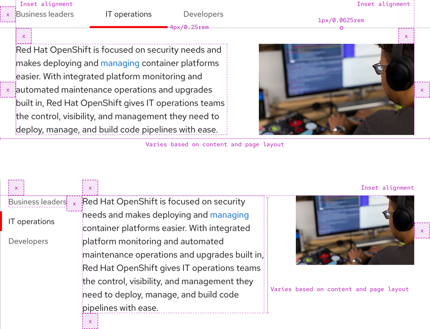 Image of horizontal and vertical tabs construction; several examples showing details like alignment, height, width, and more