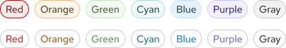 Two rows of tags; the top row is ‘Filled’ tags and the bottom row is ‘Unfilled’ tags; from left to right, both rows of tags include red, orange, green, cyan, blue, purple, and gray colors