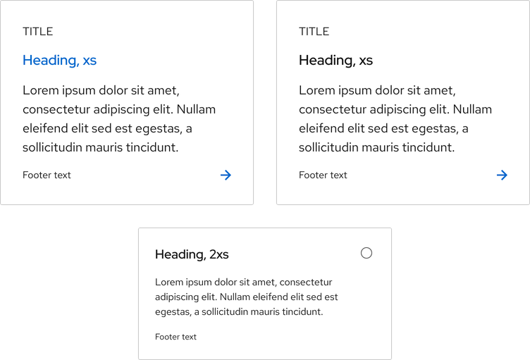 Examples of a light theme link tile with a blue heading, link tile with a black heading, and selectable tile with a black heading