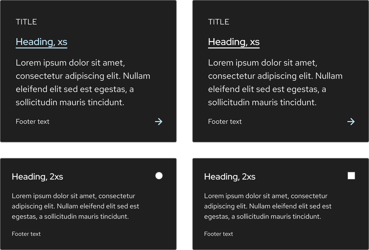 On hover, dark theme tiles have a lighter gray background, an underlined (and sometimes lighter blue) heading, a lighter blue arrow icon 